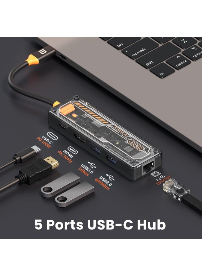 Portronics MPort View One 5-in-1 USB Type-C USB Hub/Docking Station,Type-C PD&Data, USB 3.0 SuperSpeed,USB 2.0,RJ45 Ethernet, 4K@30Hz HDMI,Transparent Case for Laptop, PC & More (Black) - Image 5
